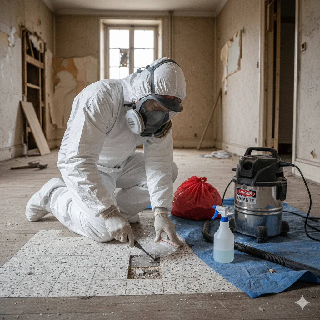 Diagnostiqueur effectuant un prélèvement d'amiante sur un mur