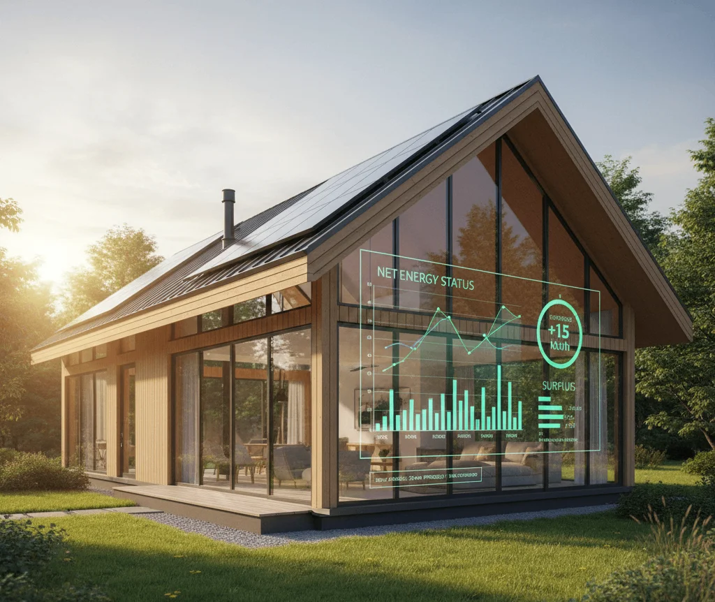 Maison thermique avec graphiques de consommation énergétique