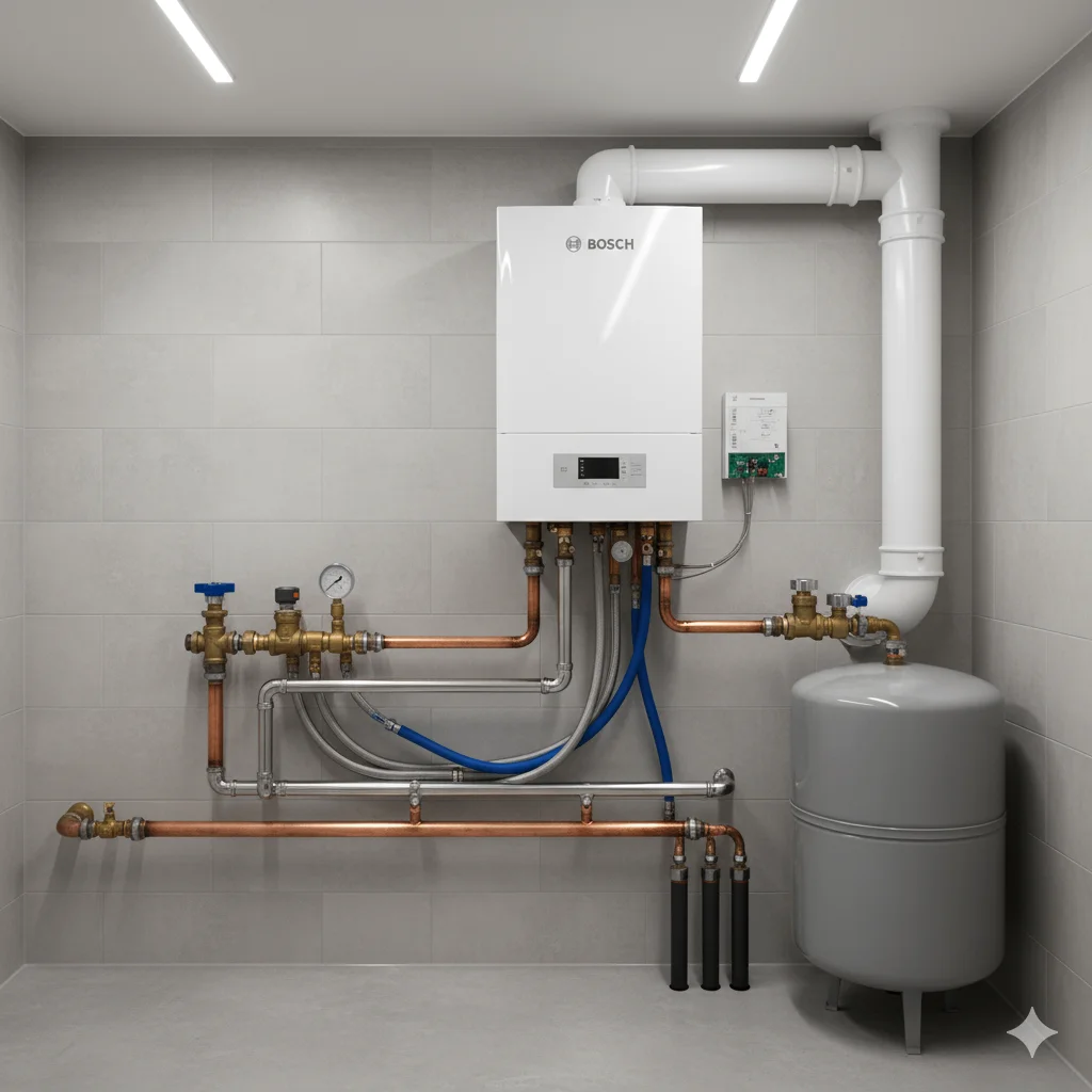 Chaudière à gaz moderne avec tuyauterie